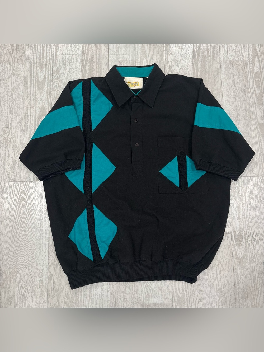 Vintage 90s Men's Hitfever Black and Teal Geometric Polo Shirt